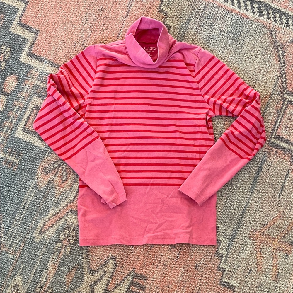 J. Crew Pink and Red Striped Turtleneck